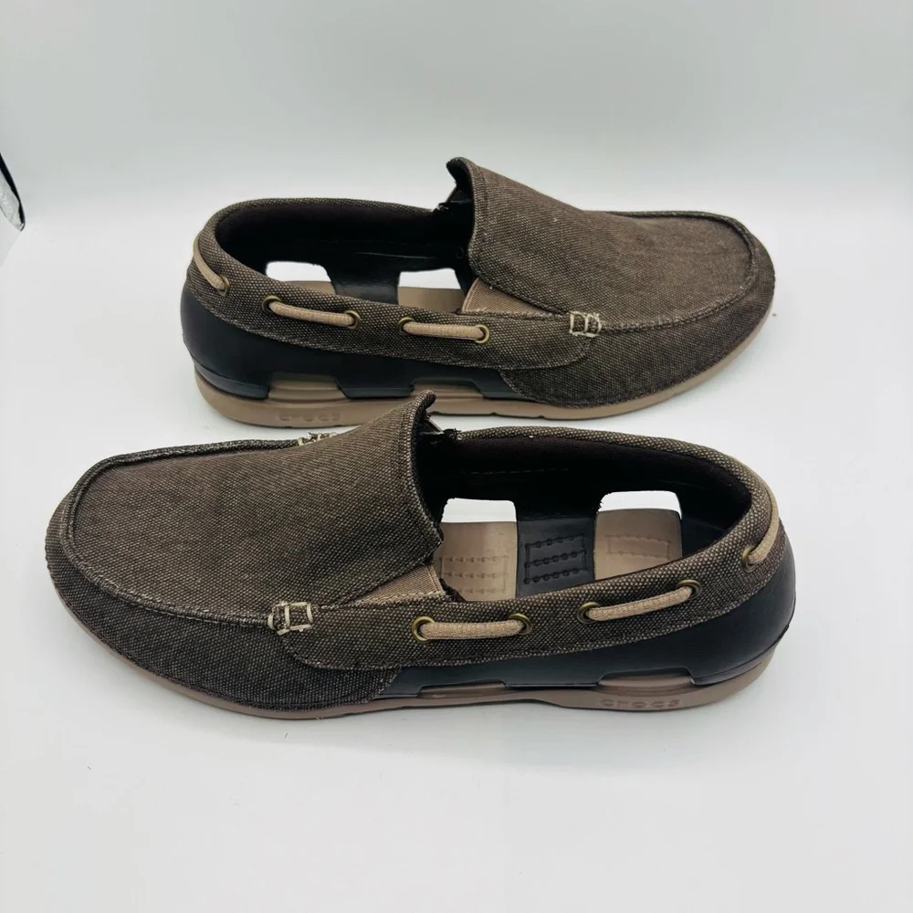 CROCS Men's Brown Canvas Slip-On Boat Shoe with Tan Accents